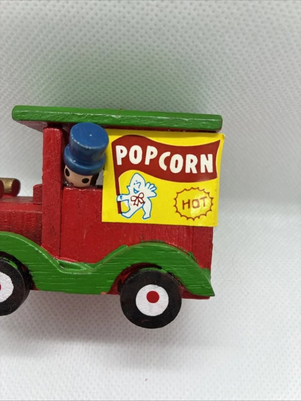 Vintage Wooden Popcorn Wagon Christmas Ornament Handcrafted Train Cart